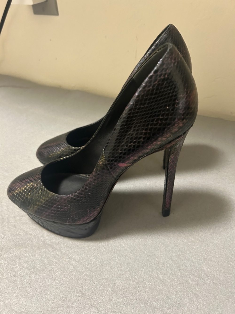 Brian Atwood Metallic Black Snakeskin Platform Pumps